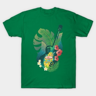 Retro guitar with drum and tropical leaves T-Shirt